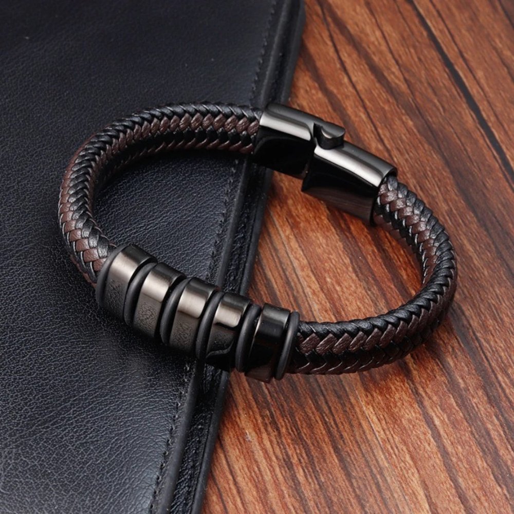 Men's Leather Braided Cuff Bracelet Bangle Titanium Steel Magnetic Clasp